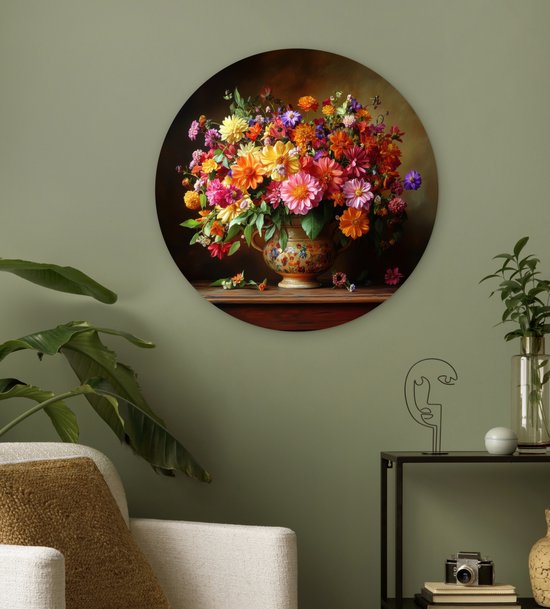 WallCircle® Wandcirkel 60x60 cm - Muurcirkel Kleuren - Boeket - Vaas - Hout - Muurdecoratie woonkamer - Wanddecoratie slaapkamer - Kamer decoratie accessoires - Ronde schilderijen