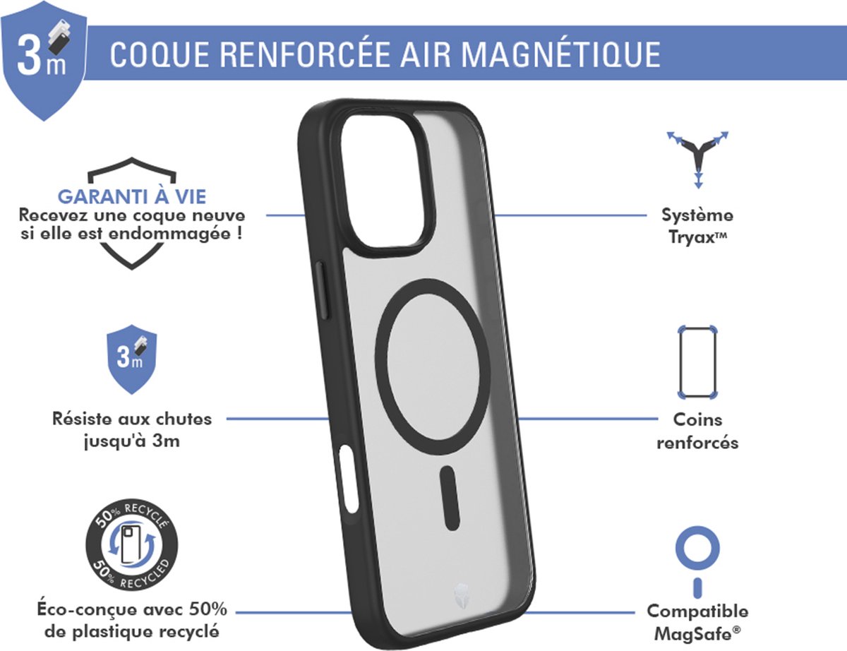 Force Case, Hoesje Geschikt voor Apple iPhone 16 Pro Max Versterkt MagSafe AIR FROST met Tryax 3M Systeem, Zwart