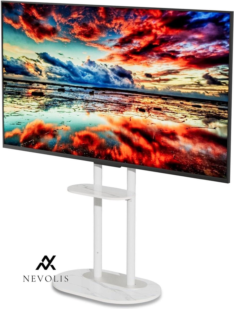 Nevolis TV bracket stand white - universal TV cabinet 40-75 inch 2 shelves 40 kg height adjustable 124-142 cm VESA Max 600 x 400 mm .
