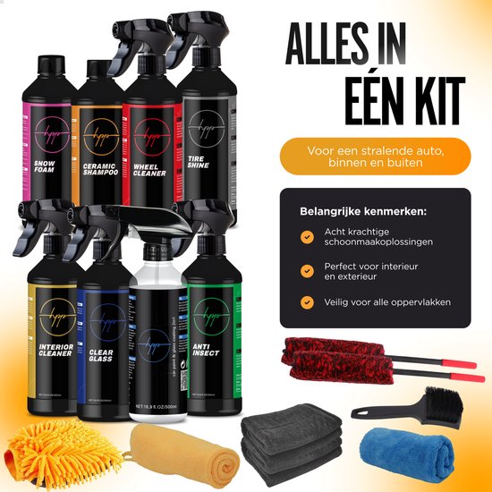 Car Care HPP Auto Was Set – Compleet Autoverzorgingspakket met Shampoo, Snow Foam, Velgenreiniger, Keramische Coating, Velgenborstel en Microvezel droogdoek – Perfect voor Grondige Auto Cleaning
