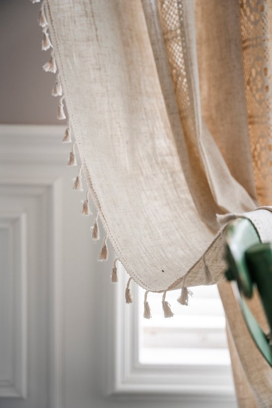 Boho Rideaux Pour Salon Vintage Gland Crochet Dentelle Rideaux Rideaux Pour Chambre Fenêtre Ferme Rétro Creux Sheer Rideaux, 59"W × 86"L (150cm X220cm) --Beige Cube