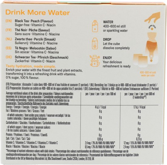 Achterkant van de waterdrop Ice Tea Peach doos met instructies en voedingswaarde.