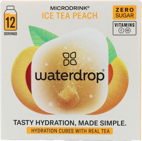Doosje waterdrop Ice Tea Peach Microdrink met 12 servings. Zonder suiker en met vitamines.