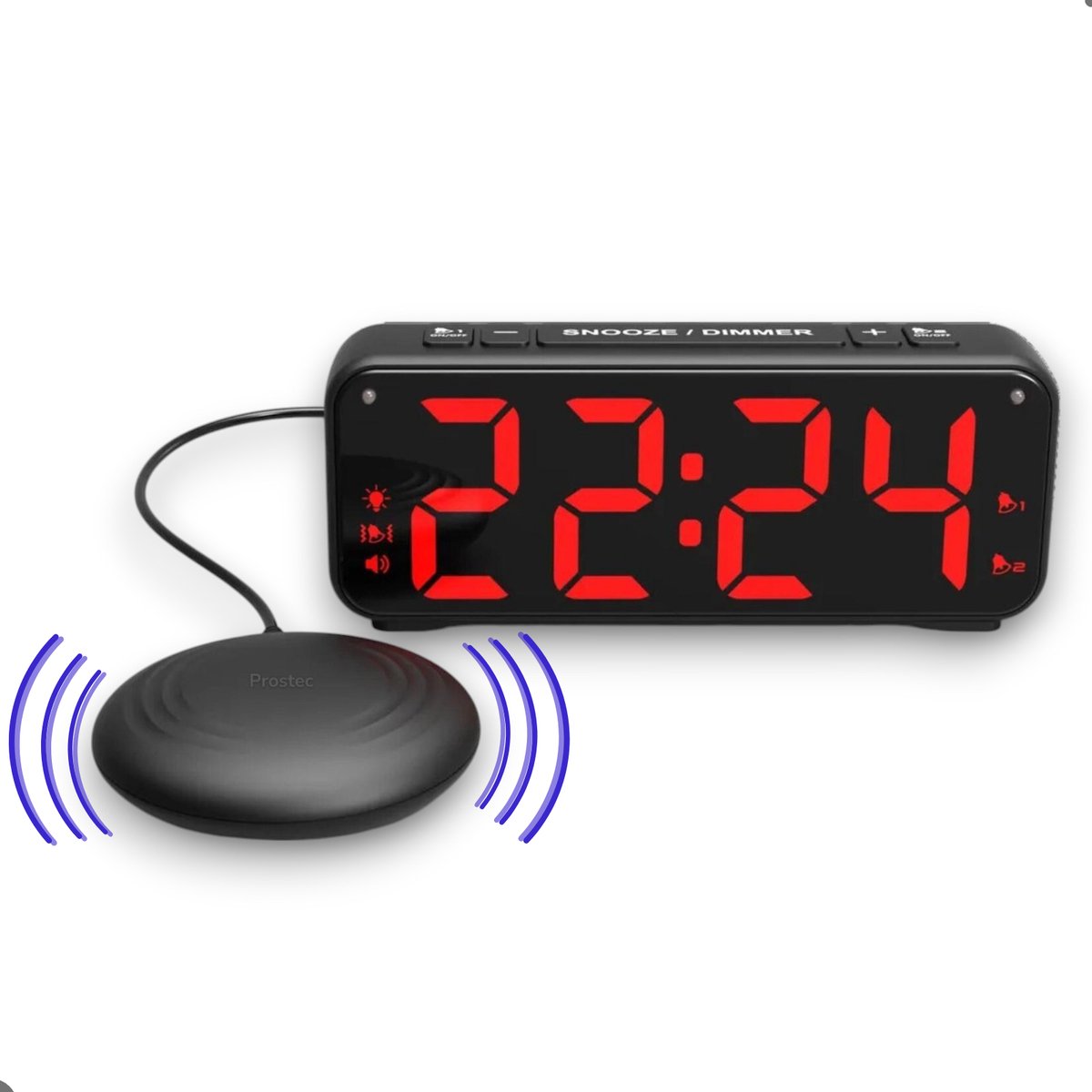 Trilwekker voor Slechthorenden en Doven – Digitale Wekkerradio met Trilkussen – Bed Shaker Alarmklok met Luid Alarm, Snooze en LED Display – Wekker voor Diepe Slapers en Gehoorproblemen - Prostec
