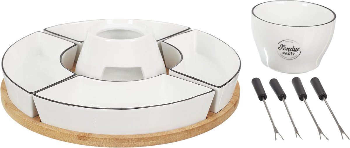 Fondue Set voor 4 Personen – Bamboe en Porselein – Inclusief Schalen en Vorkjes – 30 x 30 x 19 cm – foto 3