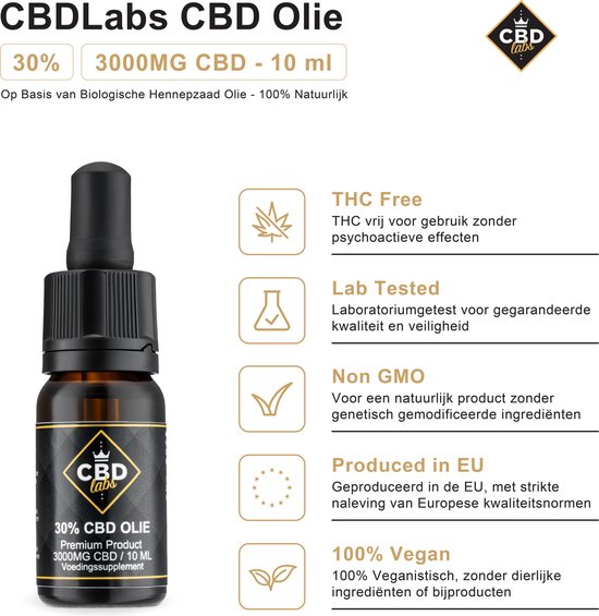 CBDLabs CBD Olie 30% - 3000MG CBD - 10 ml - Vegan - Op Basis van Biologische Hennepzaad Olie - 100% Natuurlijk - Circa 200 Druppels - Premium Product