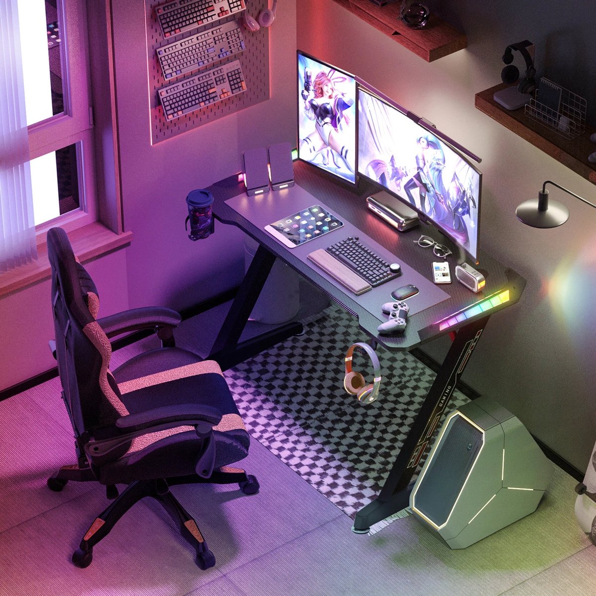 Wisfor - Groot laptopcomputerbureau - 55,11 x 23,62 x 30,71 inch - Rechthoekig staand bureau - Z-vormig - Gaming en thuiskantoor - PC-bureau - In hoogte verstelbaar - Zwart