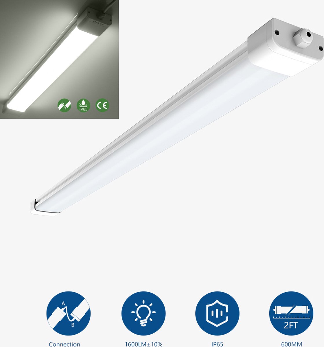 ANTENLICHT LED Vochtbestendige Armatuur Led Verlichting met Armatuur 60 cm 18W 6000K 1800lm Plafondlamp LED TL Werklamp - Koud wit