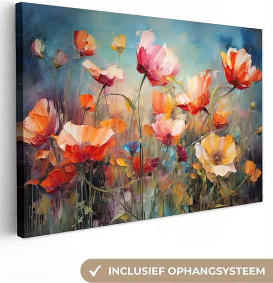 Canvas schilderij bloemen 120x80 cm - Abstracte kunst handgeschilderd - Huis decoratie woonkamer kleurrijk - Keuken muur schilderijen - Wanddecoratie accessoires - Kamer interieur natuur