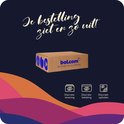 Een bruine kartonnen doos van bol.com met een blauw logo. Tekst: 'Je bestelling ziet er zo uit!'. Iconen: discrete levering, betaling, ophalen.