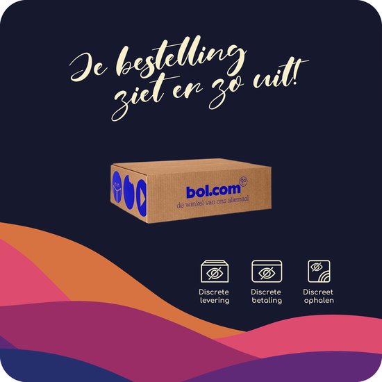 Een bruine kartonnen doos van bol.com met een blauw logo. Tekst: 'Je bestelling ziet er zo uit!'. Iconen: discrete levering, betaling, ophalen.