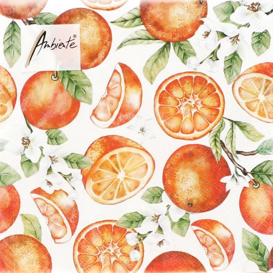 Ambiente Tafel diner servetten - Fruit Sinaasappels thema - 20x stuks - 33 x 33 cm - Zomer/Gezondheid/Cocktails