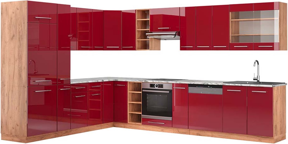 Vicco Hoekkeuken Fame-Line, Bordeauxrode hoogglans/Goudkleurig Eiken, 347 x 257 cm, WB Marmer