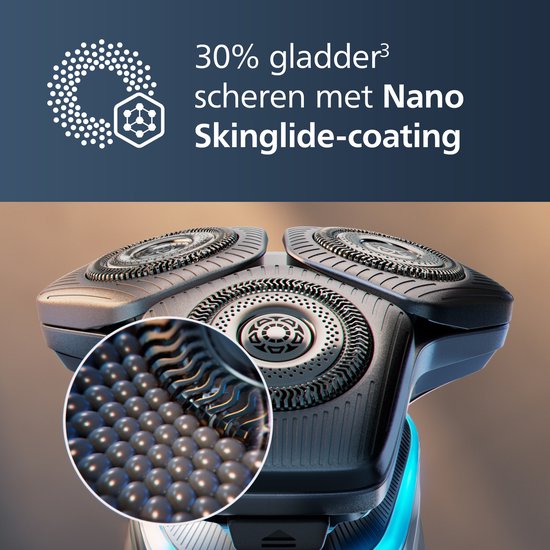 Gros plan des têtes de rasage du Philips Series 9000 avec revêtement Nano Skin-Glide et détails de texture.