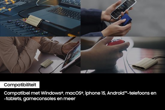 Montage van Samsung T7 Shield SSD's in verschillende kleuren en toepassingen, waaronder met audioapparatuur en smartphones.