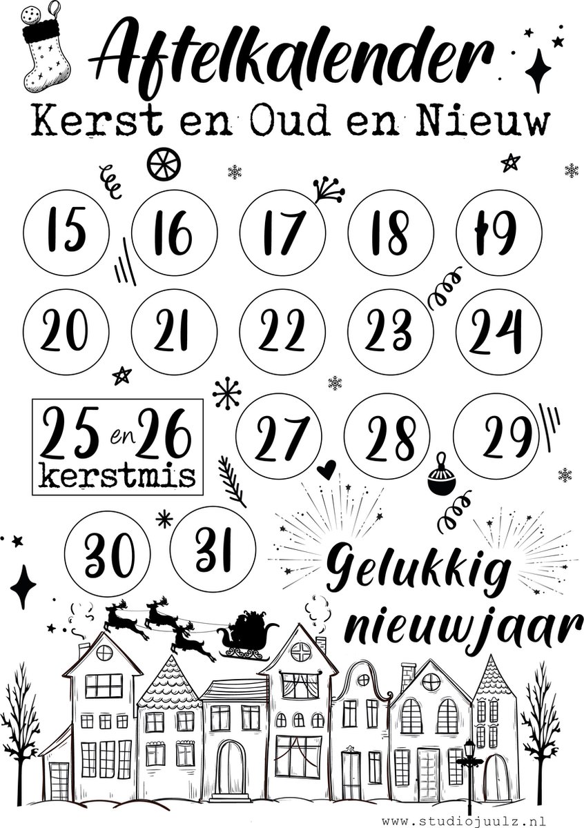 Aftelkalender Kerst en Oud & Nieuw - A4 - zwart wit - Studio Juulz