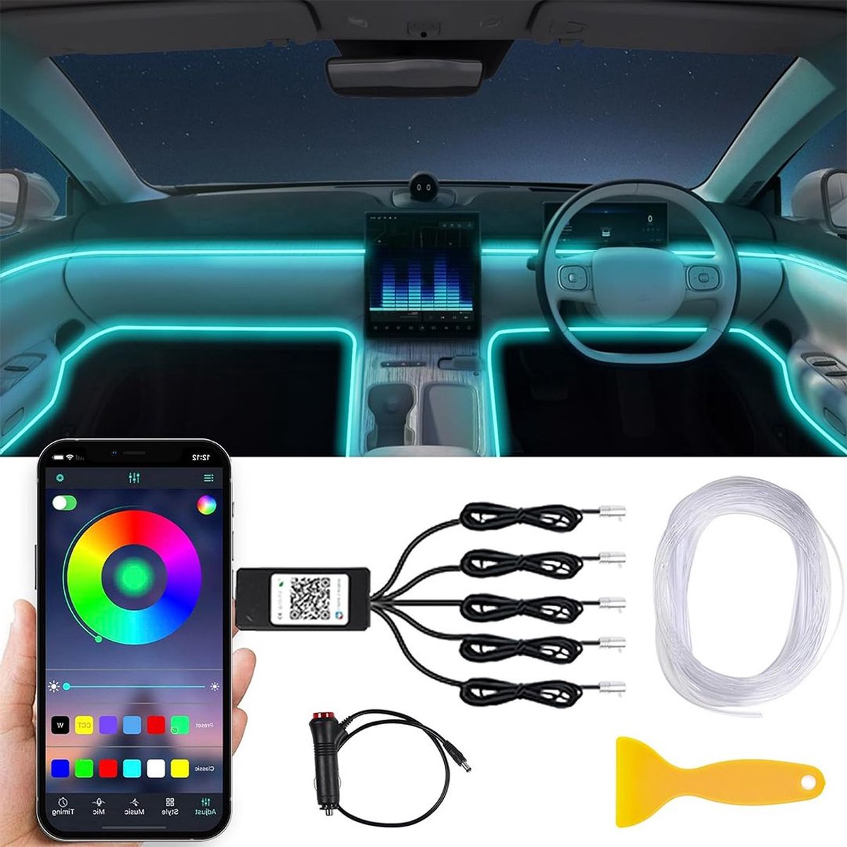 White-label® Auto Interieur Verlichting - Led Strip Auto – 6M – Met App - RGB
