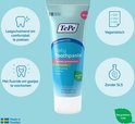 TePe Daily Toothpaste tube met icons: "Laagschuimend", "Met fluoride", "Veganistisch", "Zonder SLS". "Made in Sweden" logo.