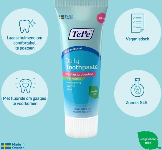 TePe Daily Toothpaste tube met icons: "Laagschuimend", "Met fluoride", "Veganistisch", "Zonder SLS". "Made in Sweden" logo.
