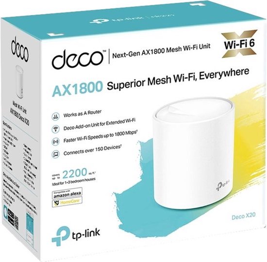 Doos van de TP-Link Deco X20 AX1800 mesh wifi-unit met afbeelding van het apparaat en de tekst "WiFi 6" en "Superior Mesh Wi-Fi, Everywhere".
