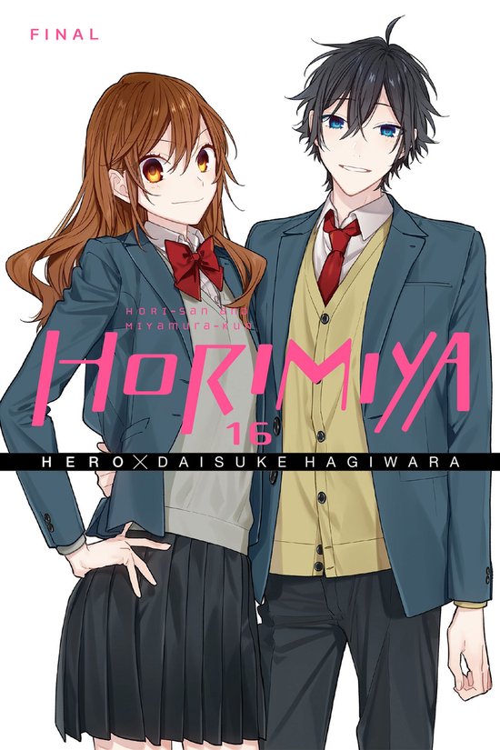 Een anime-illustratie van een meisje met bruin haar en een jongen met zwart haar, beiden in schooluniformen. Horimiya 16 staat op de voorkant.