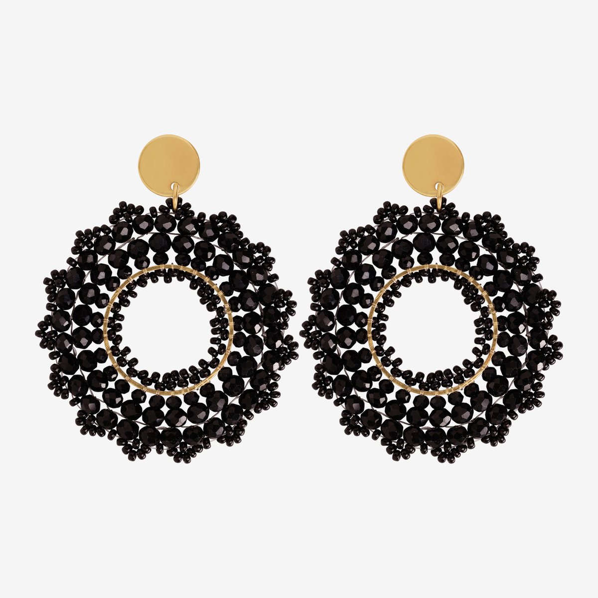 Eleganza Black Beads Round Earrings Gold