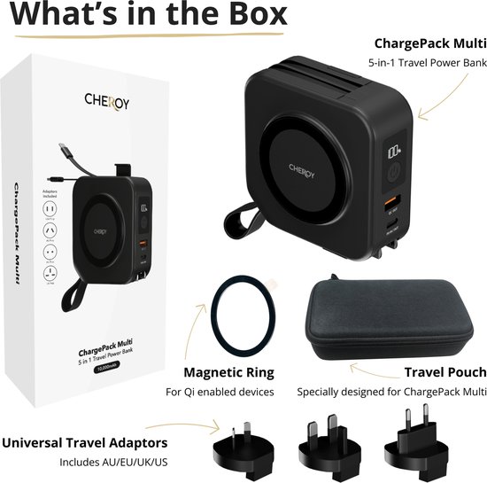 Inhoud van de doos: Cheroy ChargePack Multi, magnetische ring, reisetui en universele wereldstekkers.