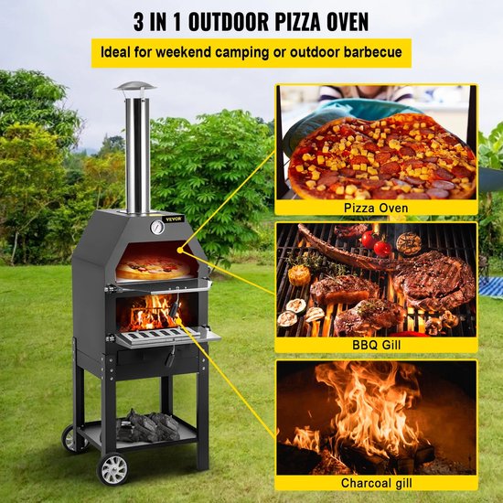 Collox Pizza oven - Pizzaovens - Houtvuurpizza - 2 laags - voor buiten - met verwijderbare wielen - inclusief pizzasteen, twee roestvrijstalen bakplaten, twee duurzame ijzeren koolstofgaasjes — afbeelding 5