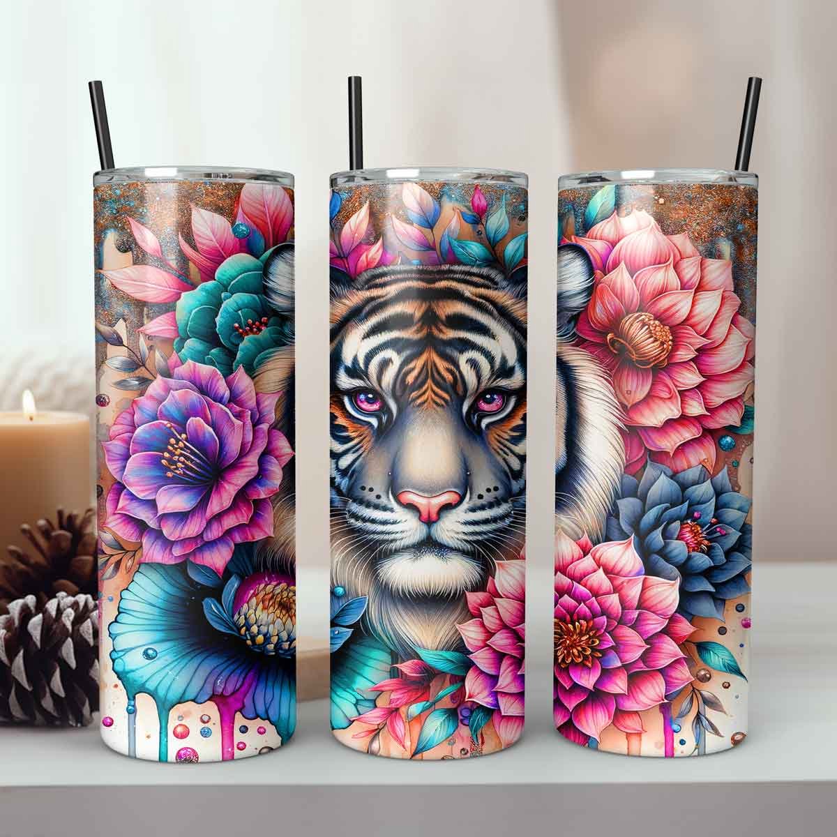 Creasowl® Tijger met bloemen drinkbeker met rietje en BPA vrij deksel - drinkfles 590ml, lekvrije koffiebeker to go - travel mug - thermosbeker - thermosfles - rvs isoleerfles - thermoskan - theebeker - isoleerbeker - thermos beker - tumbler