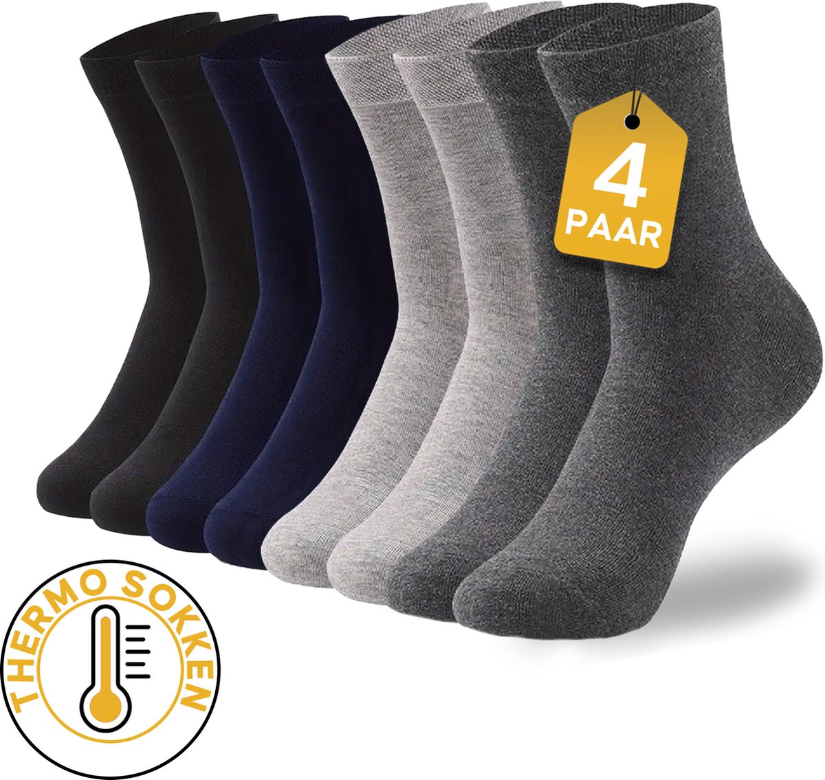 VOLQU® Sokken - B-THE Series - 4 Paar - Maat 43 46 - Katoen Sokken - Thermosokken - Sokken Heren - Sokken Dames - Huissokken - Warme Sokken Heren - Warme Sokken Dames - Cadeau Voor Vrouw en Man - Zwart | Navy | Donkergrijs | Lichtgrijs