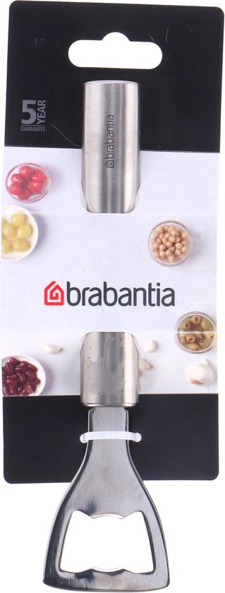 Ouvre-bouteille en emballage avec garantie, logo 'brabantia' et images de nourriture.