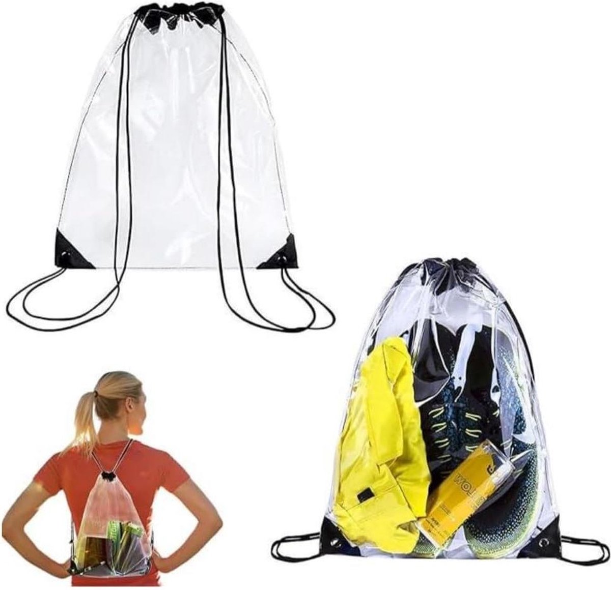 Transparante trekkoord tassen set van 2 - Ideaal voor festival, school, strandzwemmen - 34x45 cm .