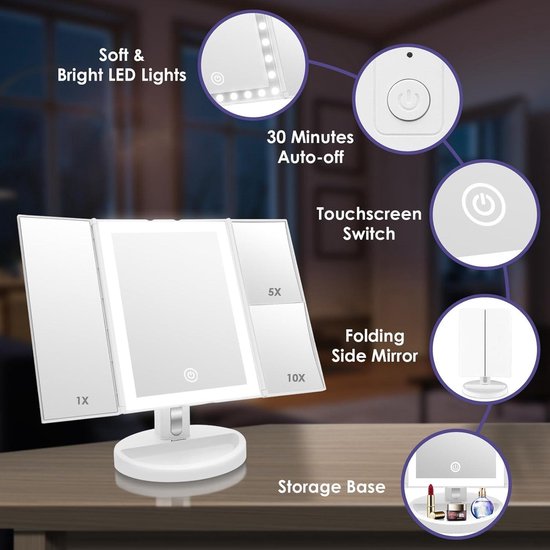 Make-upspiegel met Verlichting, LED Opvouwbare Cosmeticaspiegel 10x Vergroting, 3 Dimbare Kleurenlichten, Oplaadbare Ultradunne Tafelspiegel voor Thuis en Reizen, Groen