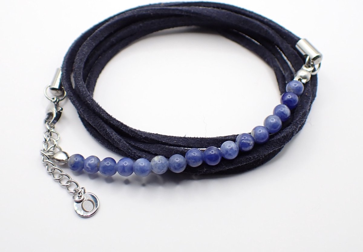 Colure® wikkelarmband met half edelsteen Lapis Lazuli suède donkerblauw