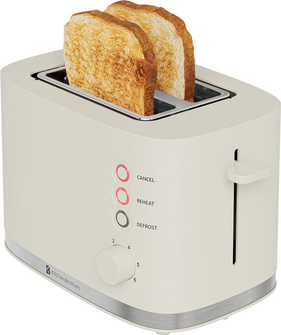 KitchenBrothers Broodrooster - Retro - Toaster - 6 Instelbare Warmteniveaus - 2 Extra Brede Sleuven - 870W - Moederdag Cadeautje - Beige
