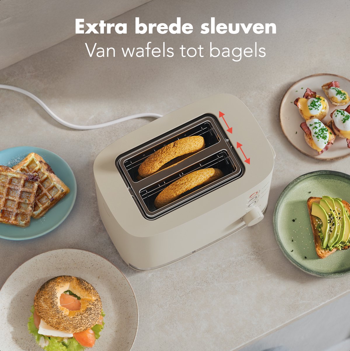 KitchenBrothers Broodrooster - Retro - Toaster - 6 Instelbare Warmteniveaus - 2 Extra Brede Sleuven - BPA-vrij - 870W - Beige thumbnail 3