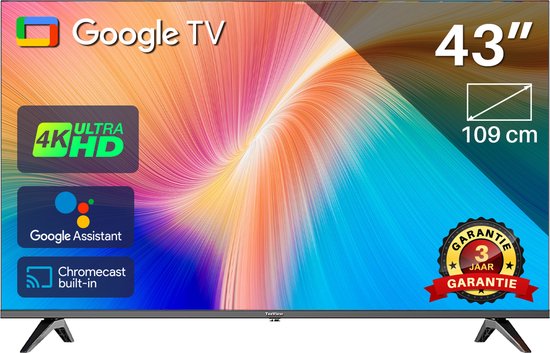 TEEVIEW TV43QUG Google Smart TV | 43 inch TeeView 4K UHD LED TV | 3xHDMI 2x USB | Ci+ | Triple Tuner DVB-T/T2/S/S2/C | Frameless Design | in Eindhoven geassembleerd