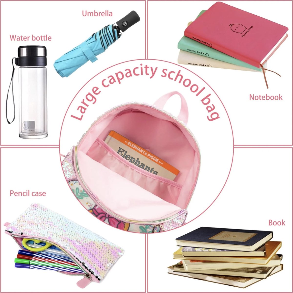 Joya Kids® Unicorn Schooltas Pailletten | Rugzak Meisje | Eenhoorn rugtas | Unicorn rugzak | Backpack meisjes | Paarse Pailletten en Glitter Tas met Etui | 33 x 26 cm | Groep 1 - 4 | 10 Liter – foto 3