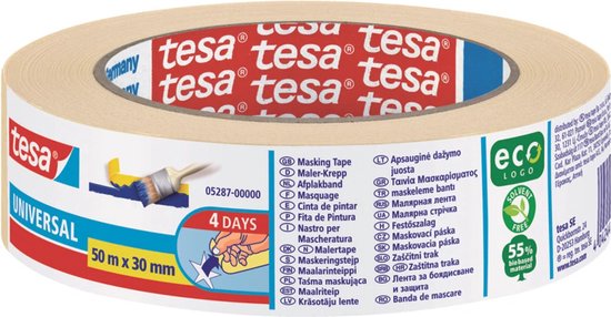 Rouleau de ruban de masquage Tesa Universal, 50 m x 30 mm, avec logo éco et marquage '4 DAYS'.