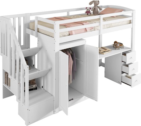 Lit mezzanine 90 x 200 cm avec bureau, armoire et rangement - Métal et aggloméré - Blanc + naturel (sans matelas) | Leroy Merlin