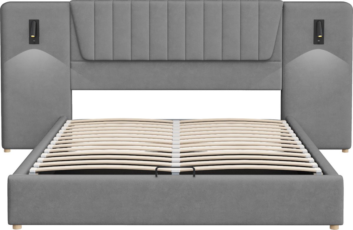 Merax Gestoffeerd Tweepersoonsbed 180x200 cm – Hydraulisch Opbergbed met Verstelbare Leesl