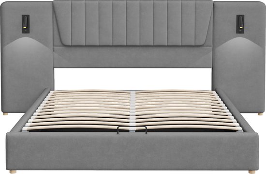 Hydraulisch bed 180 x 200 cm, met nachttafel, leeslampje, USB-oplaadfunctie, grijs