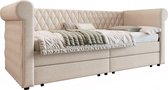 Merax Slaapbank 90x200 cm – Beige Linnen – Eenpersoonsbed met 2 Opberglades