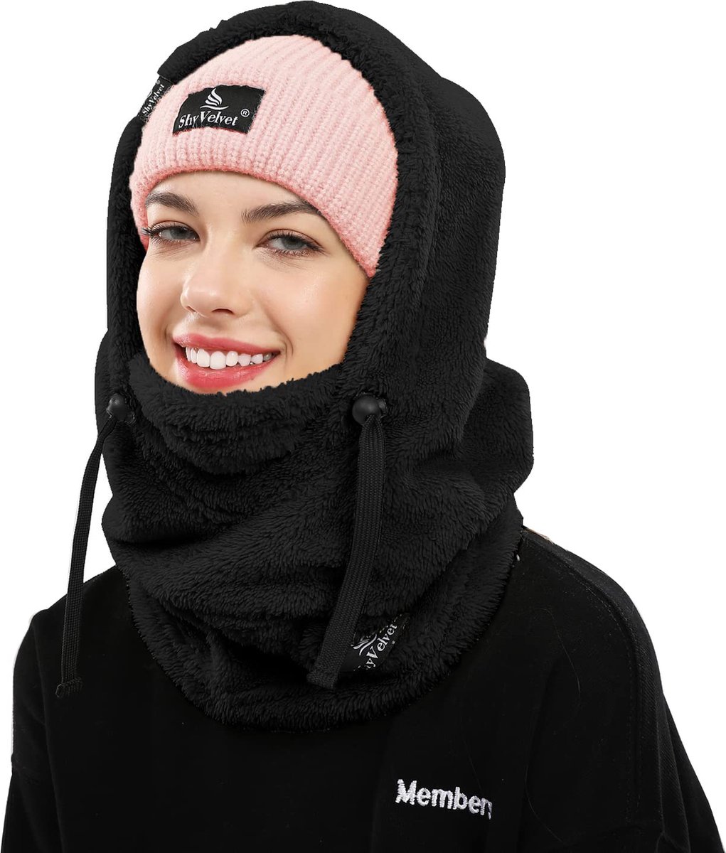 Geweo - Skimasker 3-in-1 Muts Skimuts - Fluffy balaclava Winter - Muts - Capuchon muts- wintermuts - One Size - Zwart