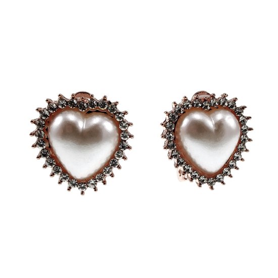 Clip-on Oorbellen Dames - Rosé Gold Plating - Hart Oorclips met Parel - Zirkonia's - Geen Gaatjes