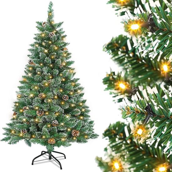 Sapin de Noël prêt à l'emploi Equivera - Sapin de Noël 120 cm avec 120 lumières LED- Sapin de Noël artificiel avec 220 branches - Montage rapide - Système de paravent pliable - Sapin de Noël en PVC avec pommes de pin et support - Décoration de Noël.