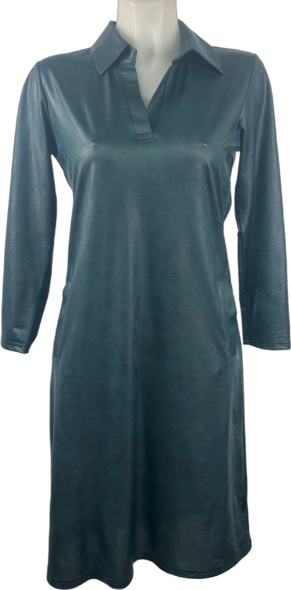 Leren Look Jurk met Lange Mouwen en Klassieke Kraag in Bruin