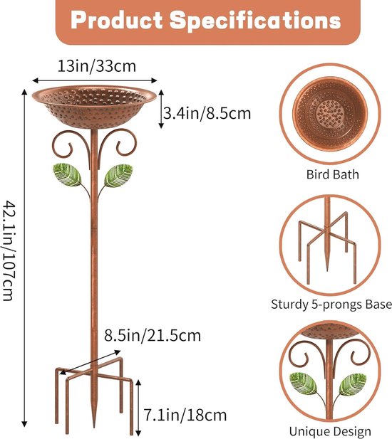 KHayRovies Metalen vogelbad, 90 cm hoog, vintage tuinstijl