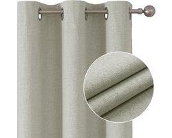 PolkaHome 100% ondoorzichtige gordijnen met inslagringen, linnenlook, 2 stuks, verduisteringsgordijn, linnen, thermogordijn, hittebeschermin