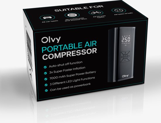 Olvy Compressor Bandenpomp - Draagbare Luchtcompressor - 7000 mAh - Elektrische Fietspomp - Fiets/Auto/Motor/Bal/Luchtbed